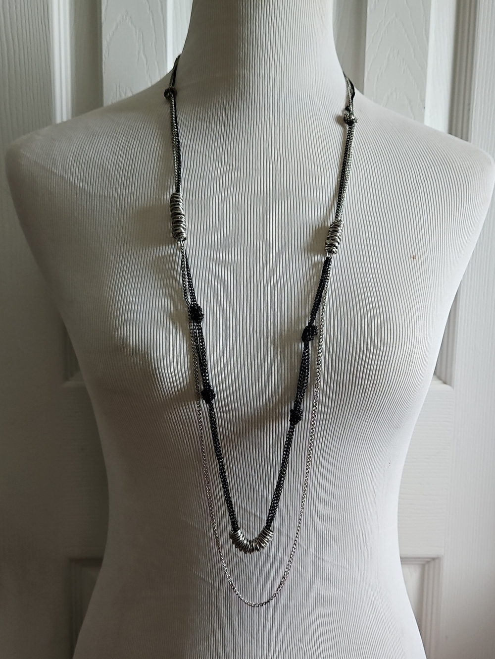 2 Necklace Set - Layered Black and Silver Long Necklace - Gunmetal Hoop